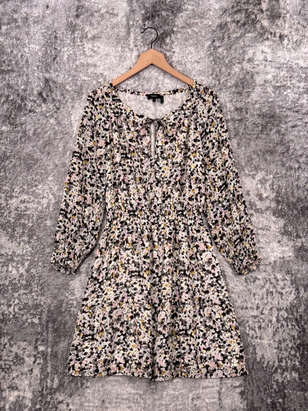 Theory Dress Large Womens Silk Floral Tie Neck Smocked Long Sleeve